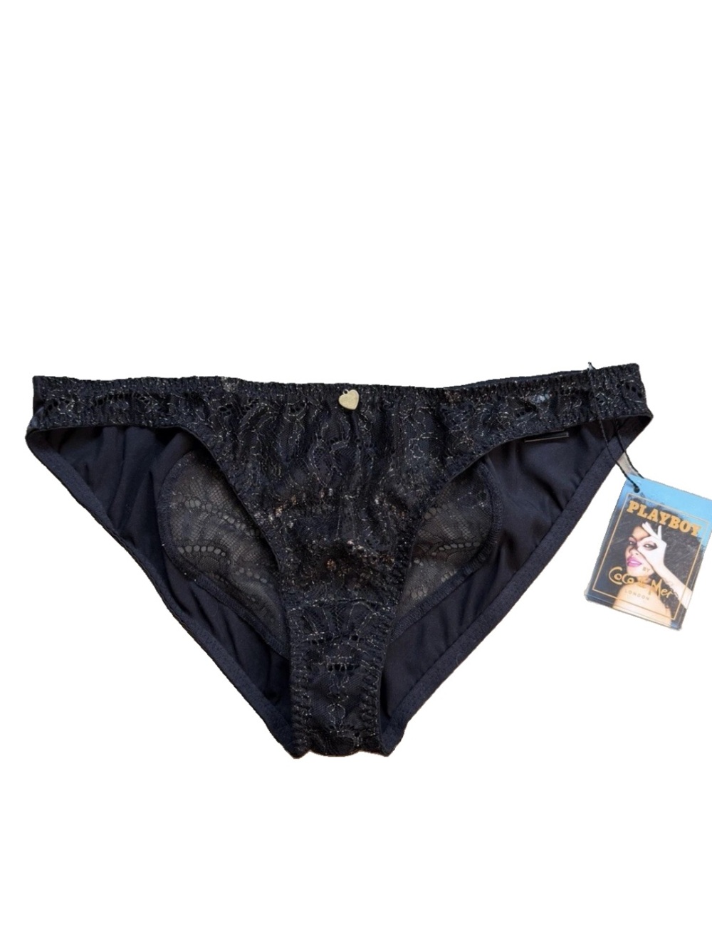 Playboy X Coco De Mar Black Heart Panties Size L Gold Lace K24